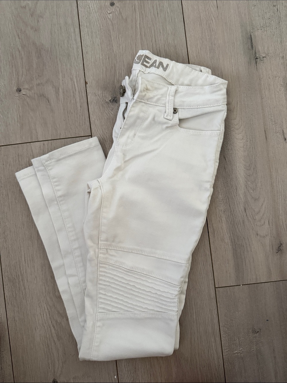 Women’s White Skinny Moto Jeans with Ribbed Knee Detail